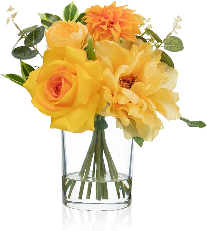 WELL KNOWN Artificial Flowers in Glass Vase with Fake Water, Silk Peony Rose Flower Bouquet for Home Dinning Tea Table, Office Desktop, Hotel, Wedding, Party, Lavatory Decor & Gift (Yellow & Orange)