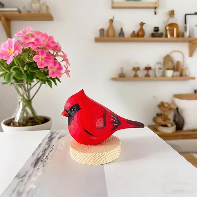 Handmade Wooden Red Cardinal Figurines, Hand-Painted Male Cardinal Birds, Decorative Wood Bird Sculptures for Home Décor, Christmas Ornaments & Unique Gifts for Bird Lovers