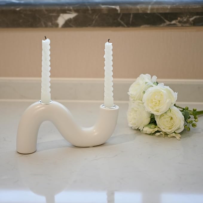 Ceramic Candle Holder, Modern Taper Candlestick Holder for Dining Table, Living Room Coffee Table, Candelabra for 2 Taper Candles-White