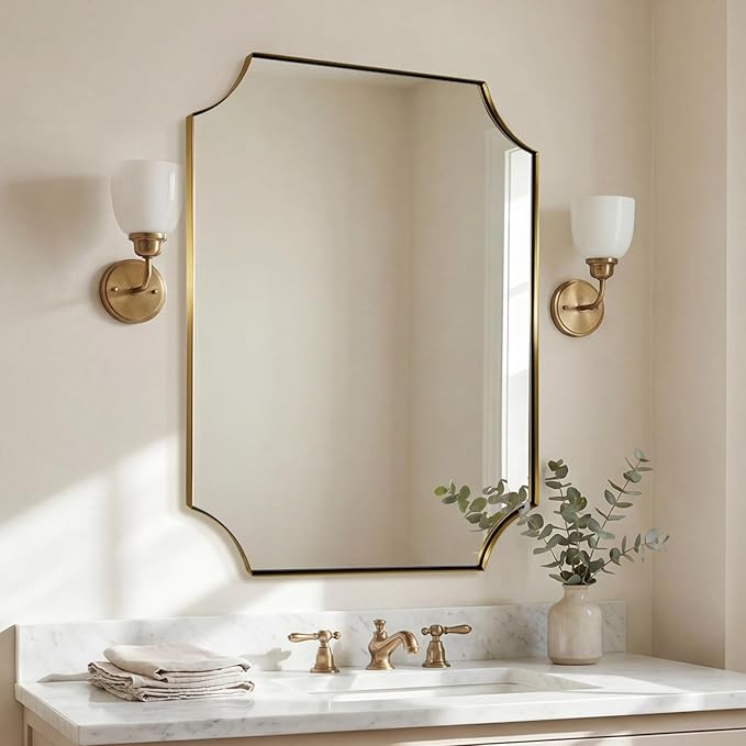ANDY STAR 24x30 Inch Gold Mirror, Bathroom Vanity Mirrors, Antique Champagne Bronze Mirror with Rusprooft Stainless Steel Thin Frame, Aesthetic Scalloped Corners, Designed for Bathroom Remodel