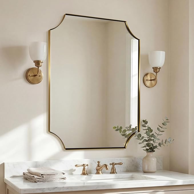 ANDY STAR 28"x36" Gold Mirror, Brushed Brass Bathroom Vanity Mirror, Scalloped Wall Mirror with Rust-Proof Stainless Steel Metal Thin Frame Deep 1", Hangs Vertically or Horizontally