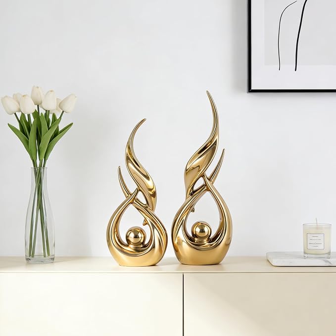 2 PCS Gold Ceramic Statues for Home Decor Accents, Modern Abstract Art Sculptures, Elegant Tabletop Decorative Objects for Dining Room, Entryway, Tv Stand, Mantel, Coffee Table Centerpieces