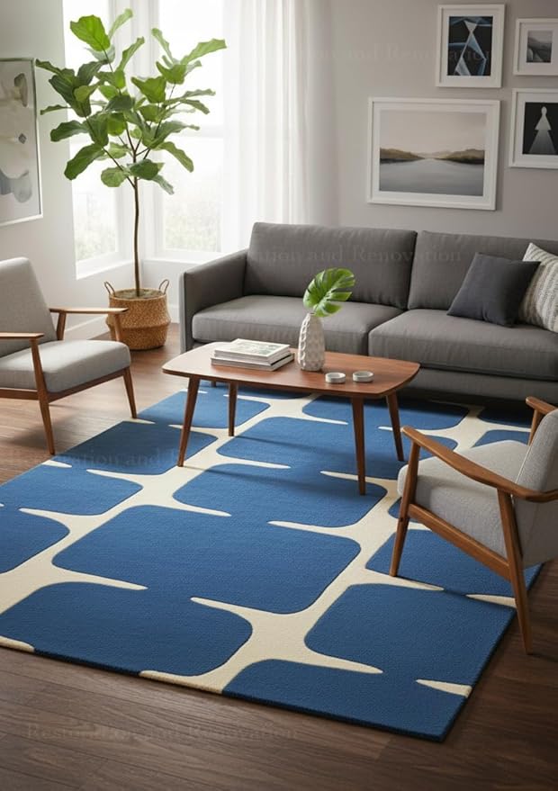 Restoration and Renovation Modern Wool Area Rug - Contemporary Abstract Geometric Design, Thick & Soft Hand-Tufted Carpet - Ideal for Indoor Decor in Living Room, Bedroom (Denim Blue, 6' Round)