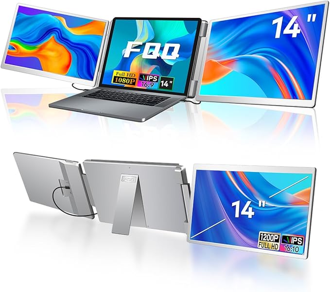 FQQ S7 Laptop Screen Extender,14-inch Portable Travel Triple Monitor-Left Screen 360° Flip,FHD 1200P IPS Triple Screen Laptop Monitor Extender for 12-16.5" Laptops,Compatible with Win and MacBook,Gray