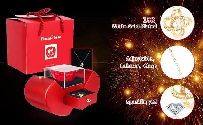 Preserved Handmade Red Rose With Hollow Clavicle Necklace,Jewelry Boxes With Necklace For Girlfriend,Wife,Mom With ''To My Love'' Card