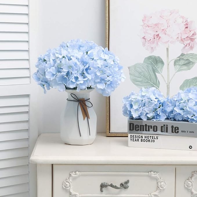 Fake Blue Hydrangea Artificial Flowers - Faux Silk Hydrangeas Flowers Heads with Stems Real Touch for Home Wedding Party Table Decor(Blue,Pack of 10)