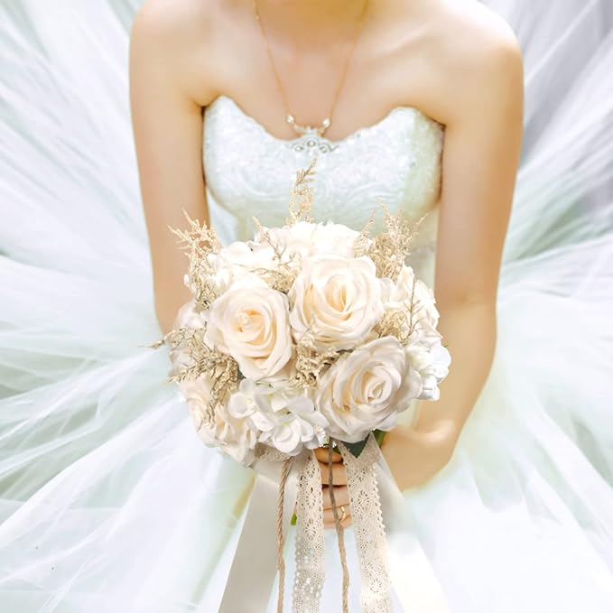 Artificial Plant, 1 Champagne White Rose Bridal Bouquet, 8.6 x 10.2 x 8.6 inches, Wedding Bouquets for Bride, Bridesmaid Bouquets with Silk Ribbon, Decoration
