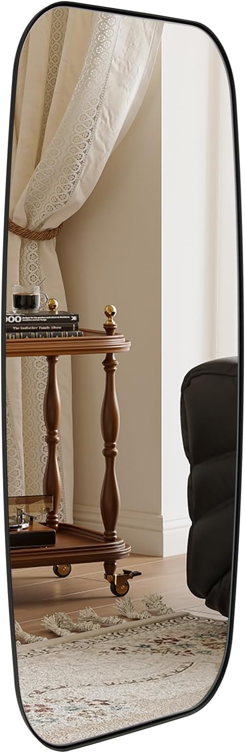 ANDY STAR 18x48 Full Length Wall Mirror, Matte Black Oblong Shaped Body Mirror with Stainless Steel Metal Frame, Rounded Corner Design for Floor and Leaning