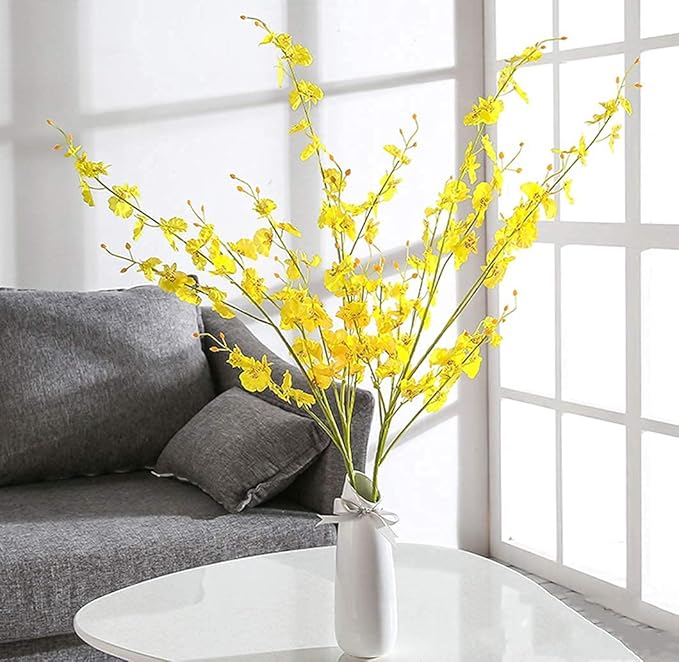 Kisflower 12Pcs Yellow Artificial Orchids Flowers, Dried Silk Orchids, Fake Orchids Flowers Silk Faux Dancing Orchids Bouquet for DIY Indoor Outdoor Wedding Party Home Kitchen Office Decoration