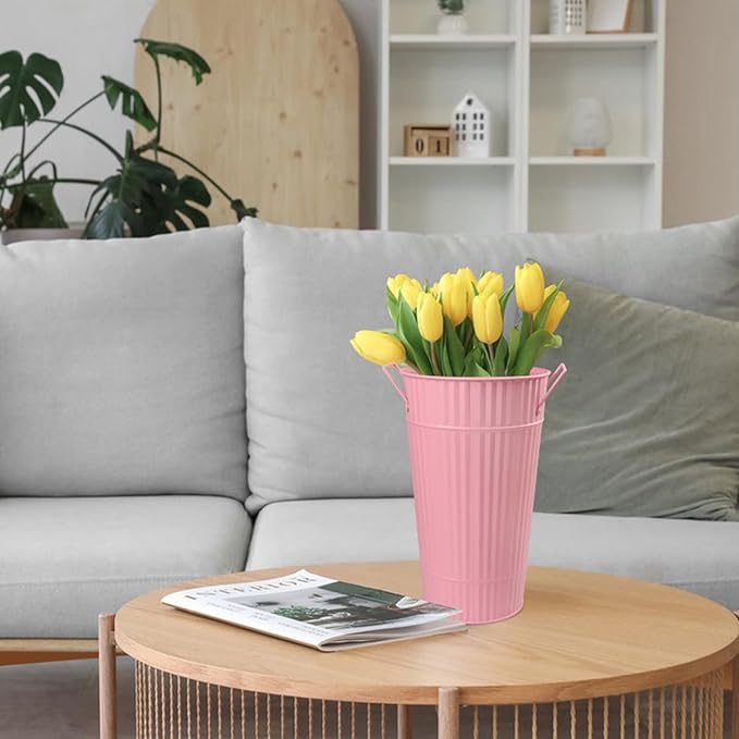 4 PCS 12 Inch Pink Galvanized Flower Buckets, Metal Flower Vase, Rustic Tall Flower Bucket with Handles for Wedding, Home Décor