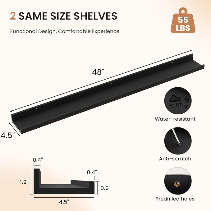 Dreamland Picture Ledge Shelf for Wall, Floating Shelves Set of 2, 48 Inch Long Floating Shelves with Lip for Living Room, Bedroom, Bathroom, Kitchen, Black