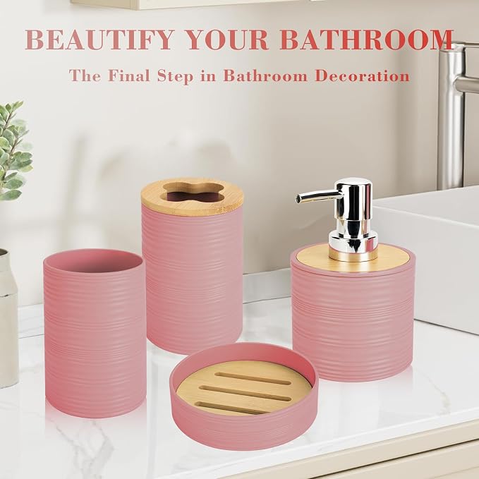 4 PCS Light Pink Bathroom Accessories Set, Includes a Soap Dispenser, Toothbrush Holder, Soap Dish and Mouthwash Cup, Plastics & Bamboo Bathroom Set, Bohemian Style Bathroom Sink Set
