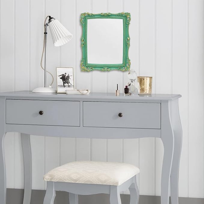 Funerom Vintage 11 x 9.5 inch Decorative Mirror, Wall Mounted & Tabletop Makeup Mirror ，Square (Light Green)