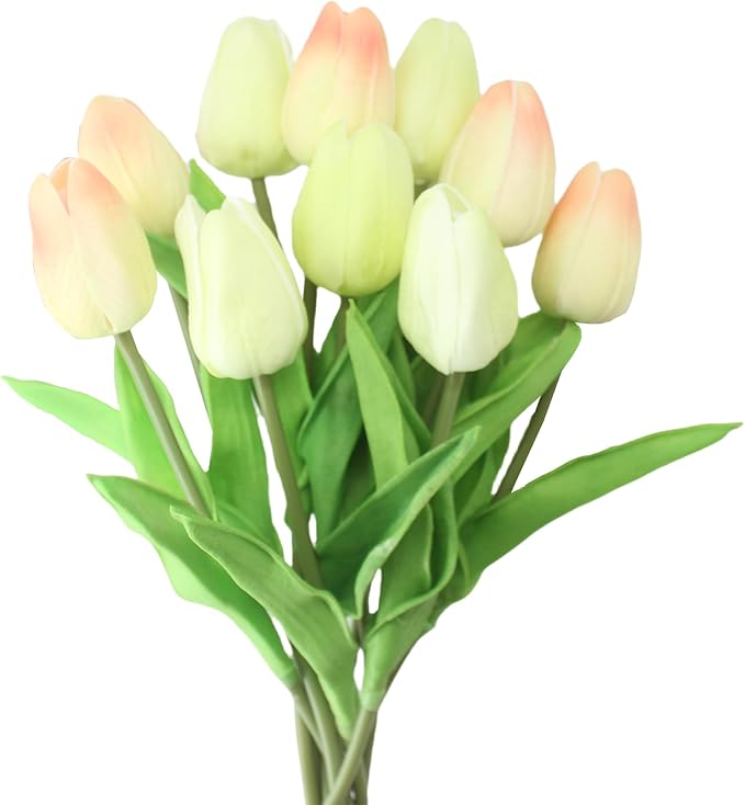 Artificial Flowers 10 Heads Mini Real Touch Artificial Tulip for Home Wedding Party Centerpiece Decoration (Champagne)