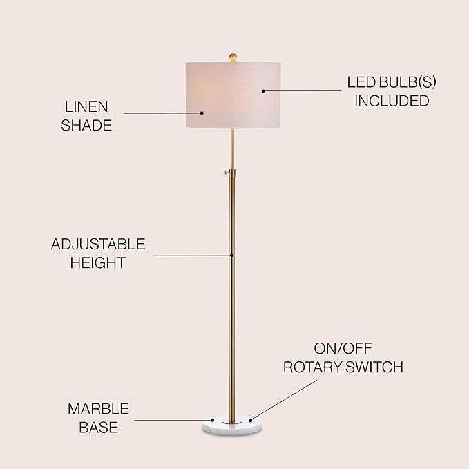 JONATHAN Y 65" Brass Gold and White Marble Adjustable LED Floor Lamp, Modern Glam Standing Light for Living Room Bedroom, White Linen Shade, Bulb Included JYL3022A