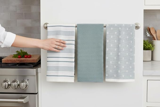 Blue White Kitchen Hand Dish Towels: Oversized 28" x 16",100% Cotton Cloth Soft Cleaning Drying Absorbent Striped Solid Polka Dot Design, Set of 3 Multipurpose for Everyday Use (Blue Austin)