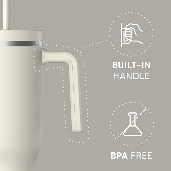 Hydrapeak Voyager 40 Oz Stainless Steel Tumbler with Handle, Insulated Water Bottle With Straw & Lid, Cupholder Friendly Reusable Travel Mug (Ivory)