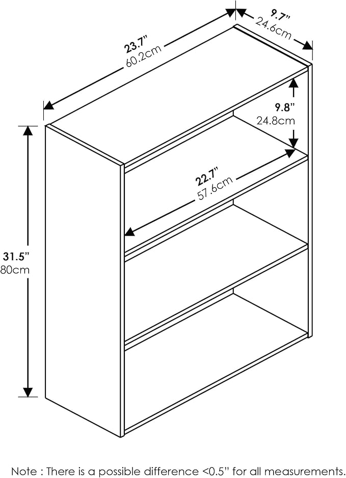 Furinno PASIR Book Shelf, 3-Tier Bookshelf, Storage Shelves Bookcase, 9.7 x 23.7 x 31.5, for Living Room, Bedroom, Home Office, Maple