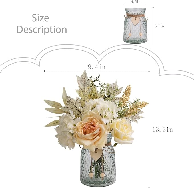 Silk Rose Flowers in Vase, Artificial Flowers Arrangement with Glass Vase Faux Hydrangea Rose for Decoration Table Centerpiece (Hydrangea Rose)