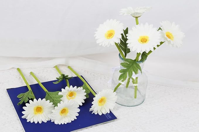White Small Flowers 11.8” Fake Daisies 8 Pcs PU Gerbera Daisy Artificial Flowers for Vase Wedding Party DIY Office Home Living Room Decor