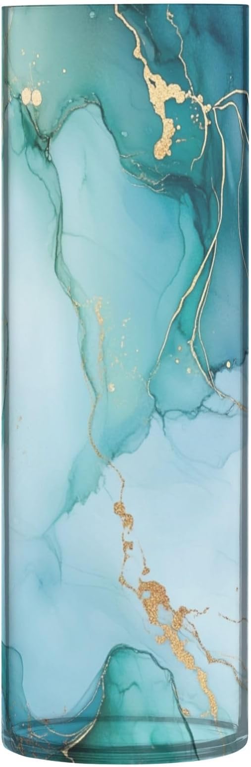 Watercolor Marble Texture Plastic Vase for Flowers 3.9" W x 11.8" H Modern Boho Style Cylinder Clear Vases for Wedding Centerpiece Table Party Home Office Decor
