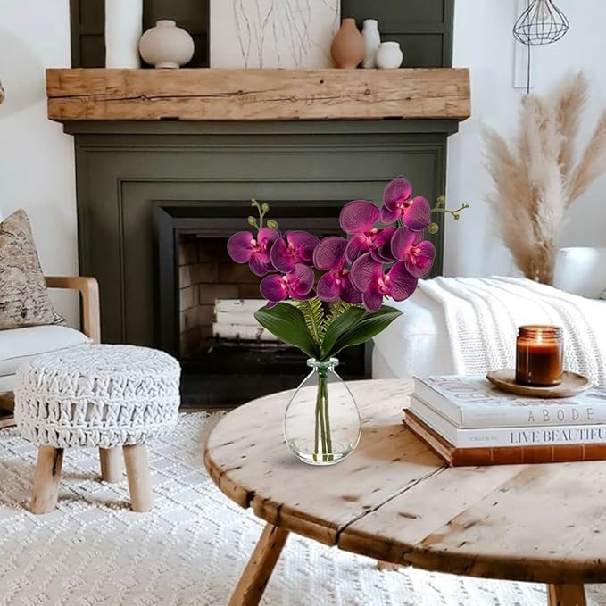 Oairse Purple Orchids Artificial Flowers, Faux Orchid in Glass Vase Real Touch Small Phalaenopsis Orchid Flowers Arrangements with Clear Vase Orchids Centerpiece for Dining Room Table