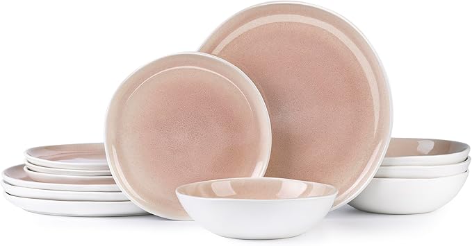 AmorArc Ceramic Dinnerware Sets,Handmade Reactive Glaze Stoneware Plates and Bowls Sets,Highly Scratch Resistant | Dishwasher & Microwave Safe Dishes Set,Service for 4 (12pc)