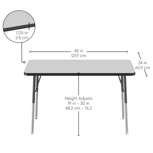 FDP Rectangle Activity Table - Adjustable Height 19-30 Inches | 24 x 48 Inch - Gray Top, Black Edge