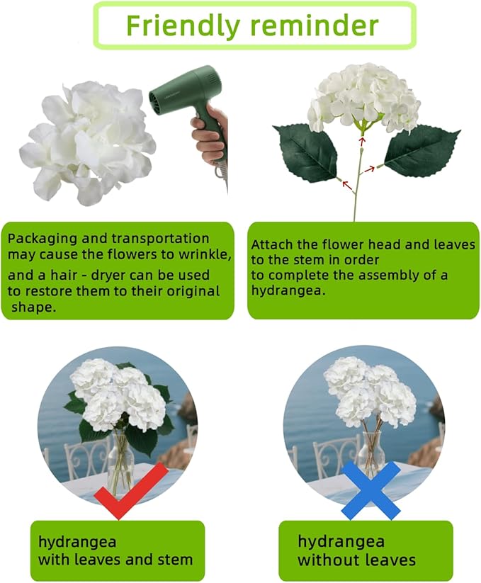 Artificial White Hydrangea Flowers with Leaves, 50 Pack, 6 Inch Silk Flower Heads, DIY Mother's Day Wedding Decor Set with 100 Leaves, 50 Stems
