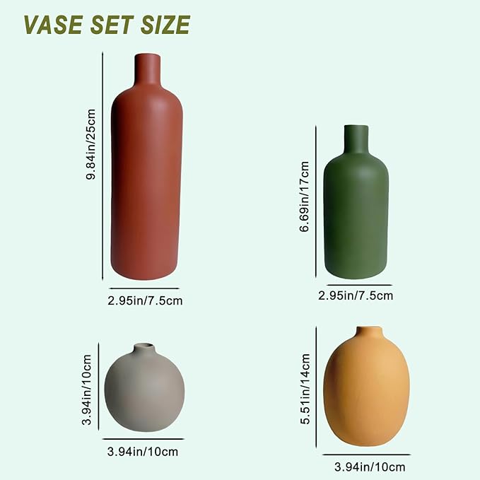 Modern Ceramic Vase Set – 4 Piece Rustic Decorative Vases for Boho Living Room Centerpieces, Entryway Decorations, Coffee Table, Bookshelf, Fireplace Mantel