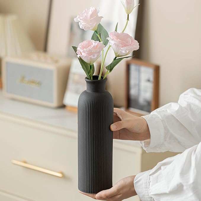 Modern Ceramic Vase Set, Black Ribbed Matte Design, 3-Piece Decorative Vases for Home, Living Room, Office (Black Mix)