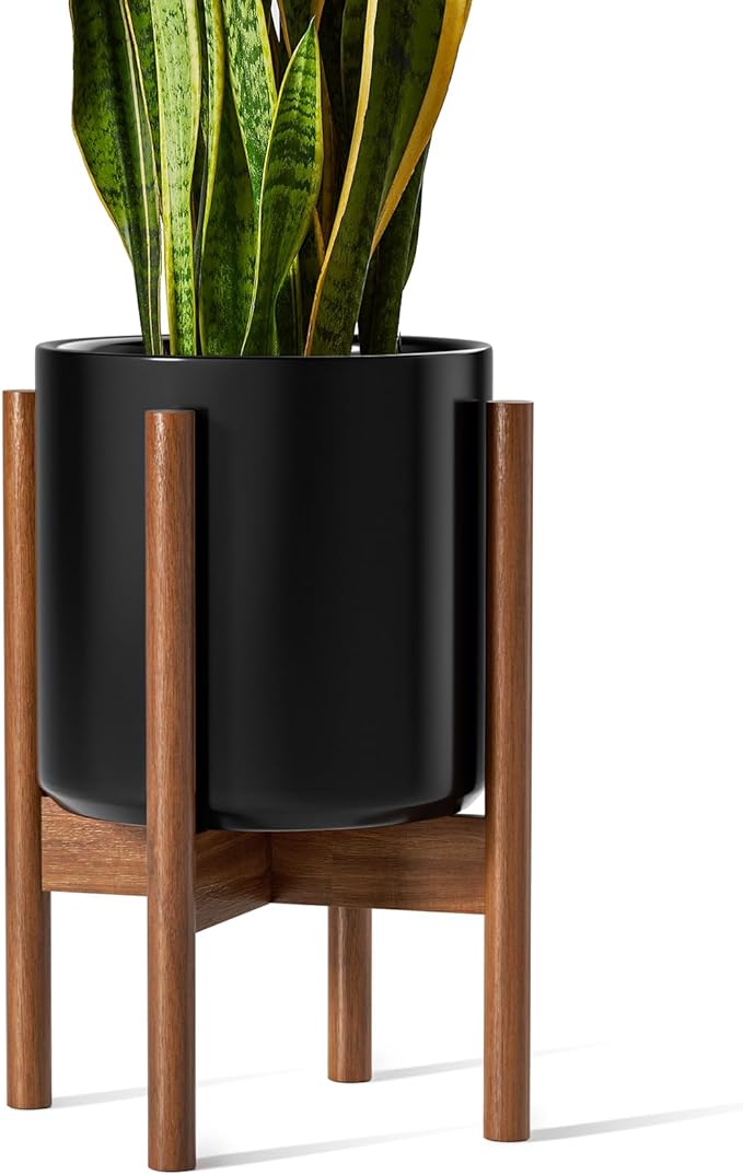 LE TAUCI 10 Inch Planter with Acacia Wood Stand, Ceramic Planter for Indoor Plants with Plant Holder, Mid-Century Modern Home Decor, Round Flower Pots with Drainage Hole, Black