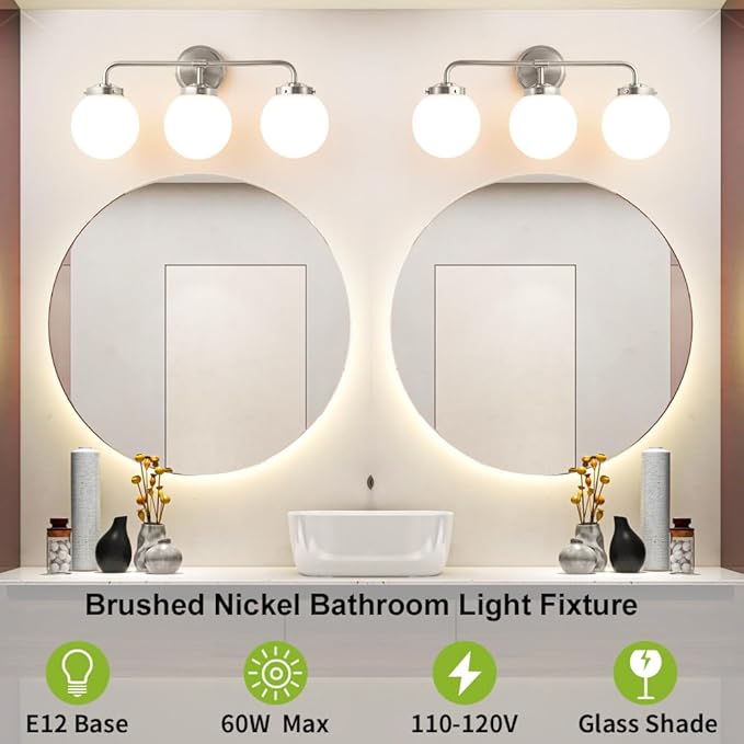 Bathroom Light Fixtures Over Mirror, 22.4'' Brushed Nickel Modern Vanity Lights with Milk White Glass Globe Shades 3-Light Farmhouse Wall Sconce Lighting