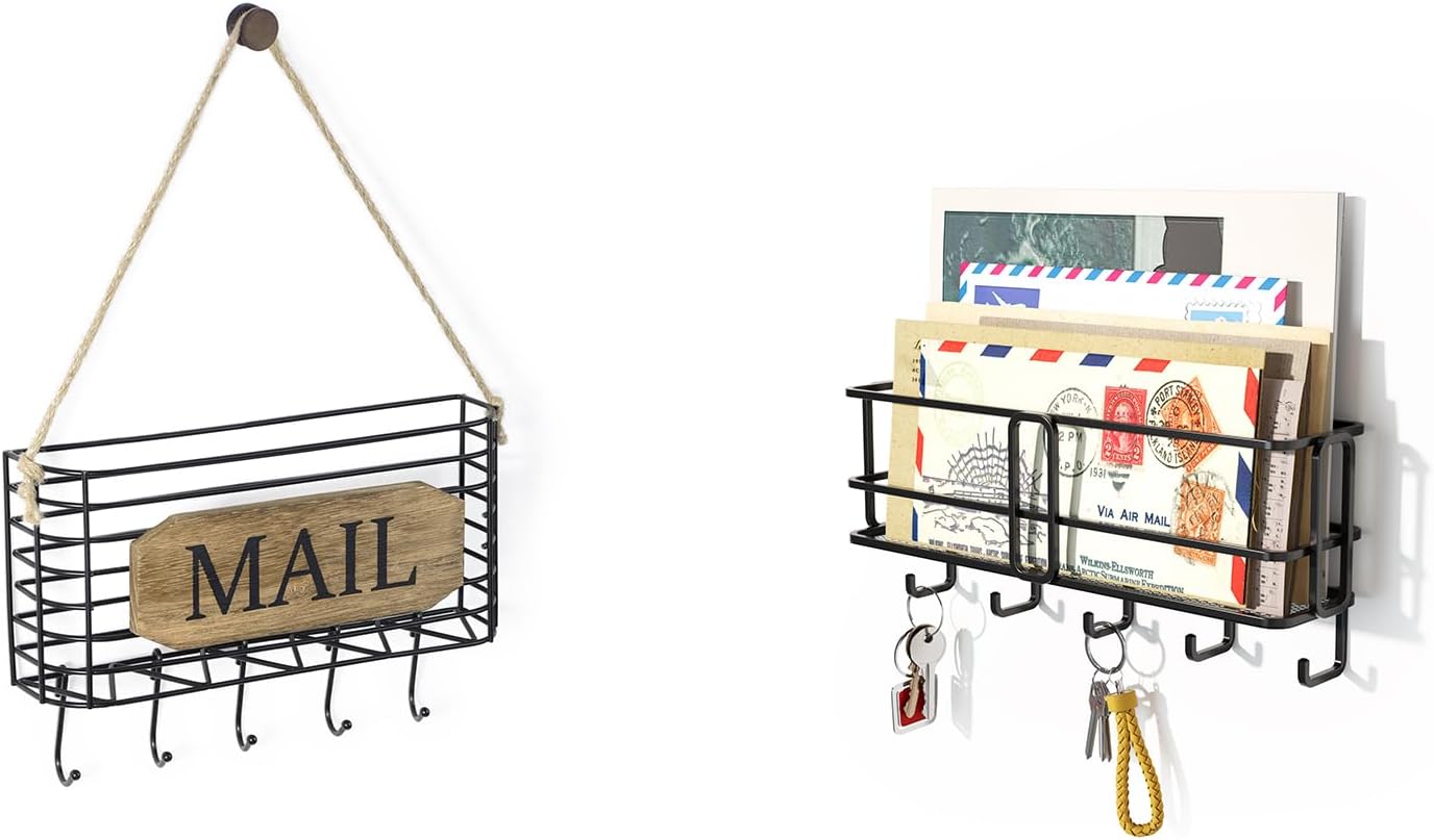 SRIWATANA Wall-Mounted Mail Organizer - Key Holder with Hooks for Easy Access and Storage