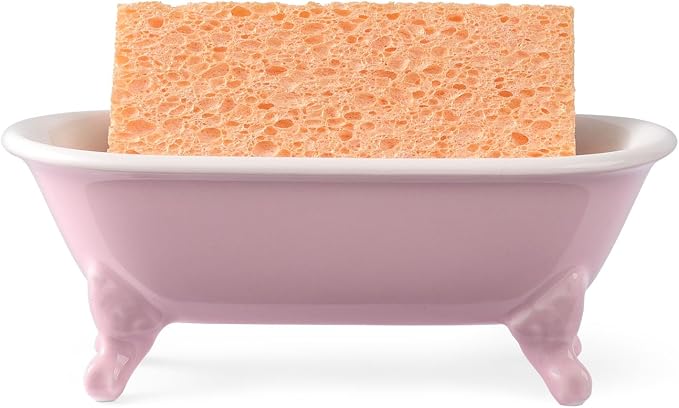 6.5" Ceramic Mini Decorative Clawfoot Bathtub Bar Soap Dish, Kitchen Sponge Holder and Shower Tray for Bathroom, 1 Pack (Pink)