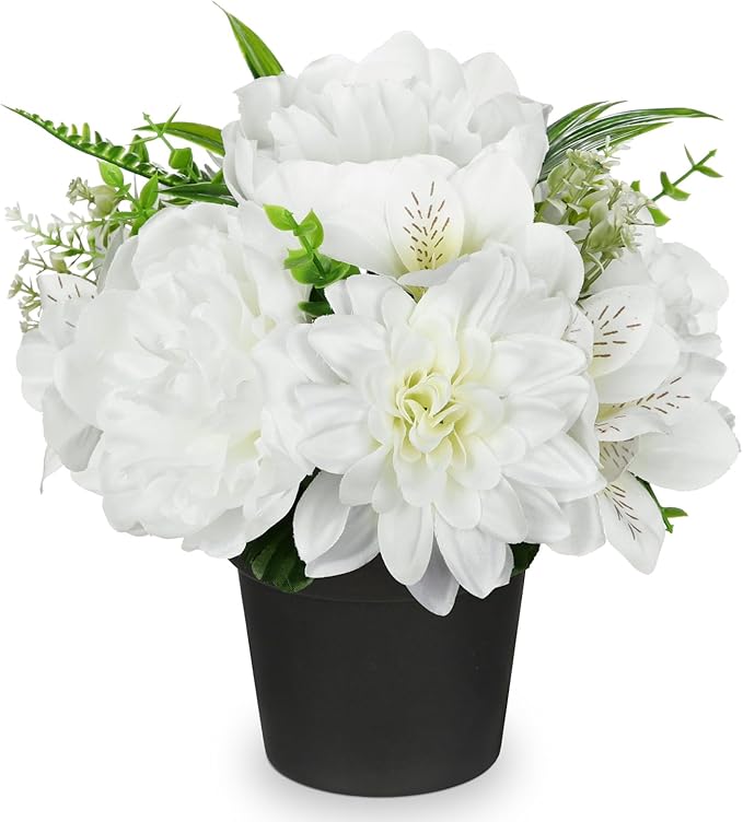 White Artificial Flowers Small Fake Flowers in Vase Peonies Dahlia Tiger Lily Potted Silk Flower Arrangements Faux Plants & Flowers Home Bathroom Kitchen Table Centerpieces Desk Decor