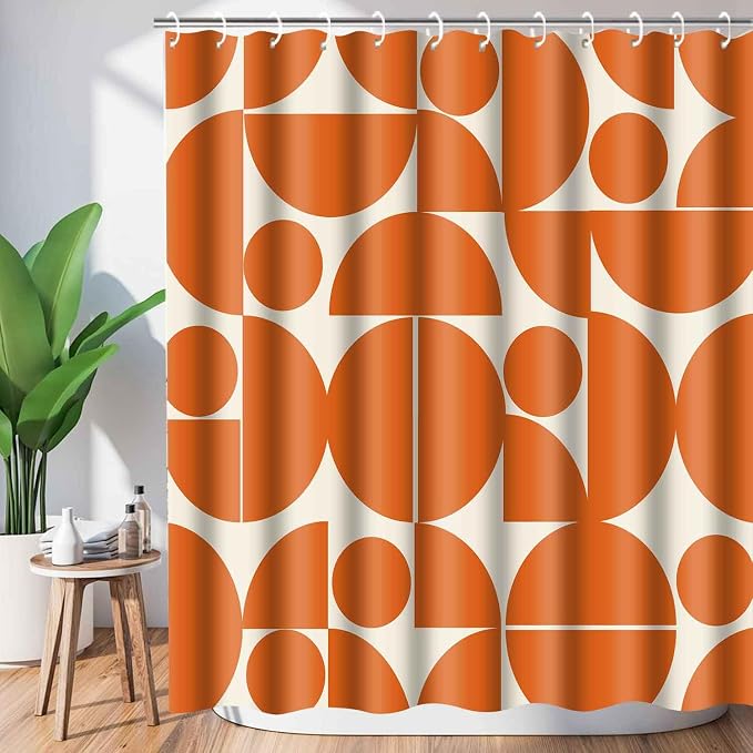 Vintage Orange Mid Century Modern Shower Curtain Boho Abstract Geometric Art Shower Curtains for Bathroom Decor 72x84 Inch 70s 80s Retro Washable Fabric Bathroom Set with 12 Hooks