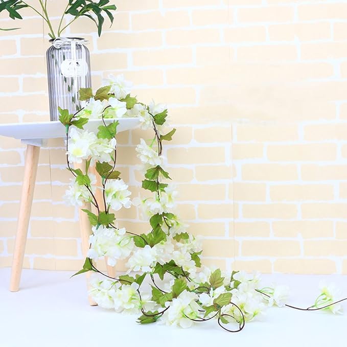 2Pcs Artificial Cherry Blossom Flower Garland Silk Fake Hanging Flower Vines for Home Wedding Decoration 7.2FT, White