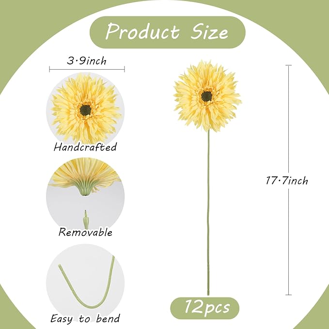 12pcs Yellow Gerbera Daisy Artificial Flowers Realistic Faux Daisies Fake Daisy Flowers for Vase Table Centerpiece Home Wedding Party Garden Decoration(Yellow)