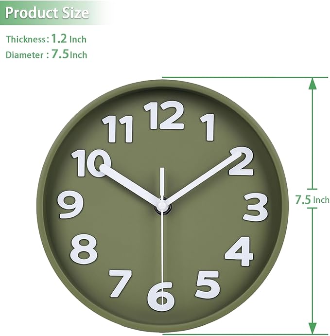 45MinST 8-Inch Green Modern Wall Clock – Silent Non-Ticking, 3D Large Numbers, Accurate Timekeeping | Decorative Wall & Desk Clock with Stand for Living Room, Bedroom, Kitchen, or Office