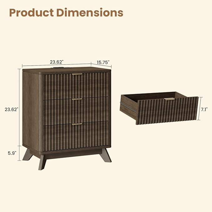 30" Tall Fluted NightStand,3 Drawers End Table with Charging Station,Modern Side Table with Storage, Night Stand Wood Bedside Tables for Bedroom,Curved Profile Design,Walnut