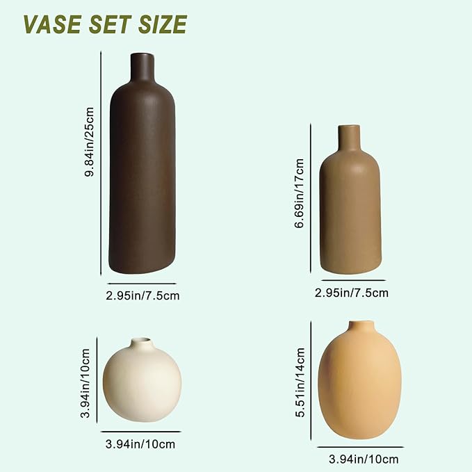 Modern Ceramic Vase Set – 4 Piece Rustic Decorative Vases for Boho Living Room Centerpieces, Entryway Decorations, Coffee Table, Bookshelf, Fireplace Mantel