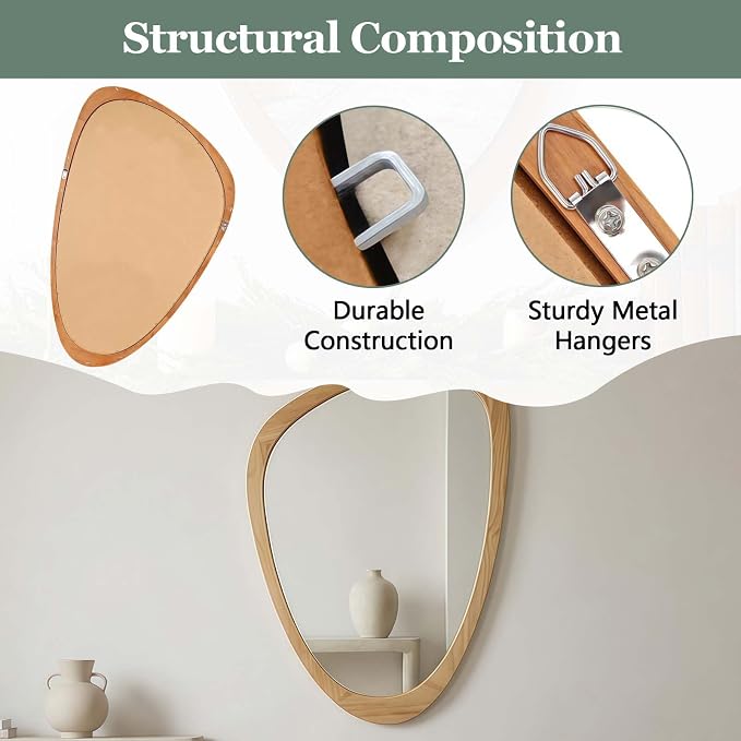 Majnesvon 24x36 Inch Asymmetrical Wall Mirror Wood,Rustic Irregular Shaped Vanity Mirror for Bathroom,Bedroom, Living Room, Entryway, Fireplace,Wall Decor,Solid Wooden Frame (Oak, 24"x36" Inch)