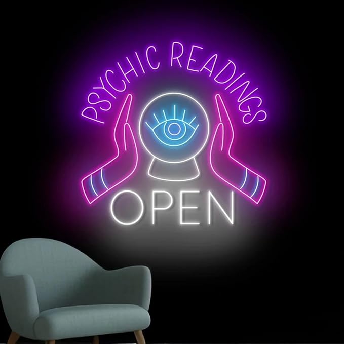 Psychic Readings Open Neon Sign, Palm Reader Wall Light, Home Wall Decor, Yoga Led Sign, Exercise Room Wall Decor, Pilates Studio Art Meditation Room Wall Art Psychic Chakras Healing Exercise