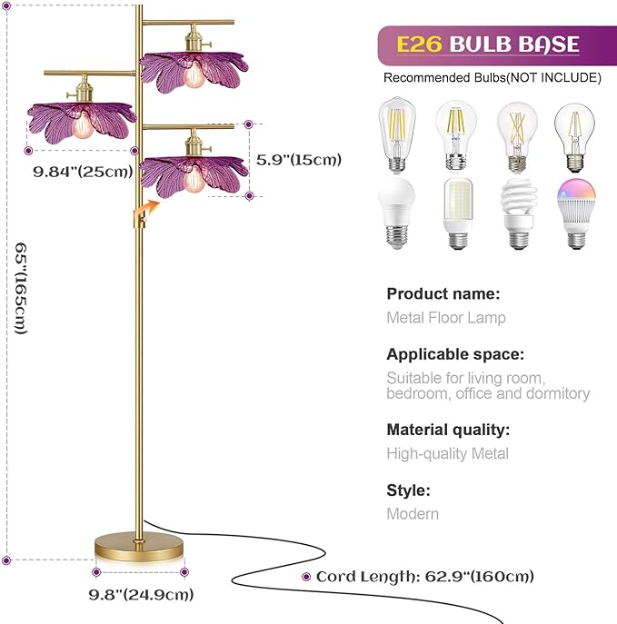 Dimmable tall floor lamp for Living Room 65" mid century modern floor lamp ,3 Lights Gold Standing Lamps vintage floor lamps Purple glass Flower floor light for Bedroom corner Study Office Home