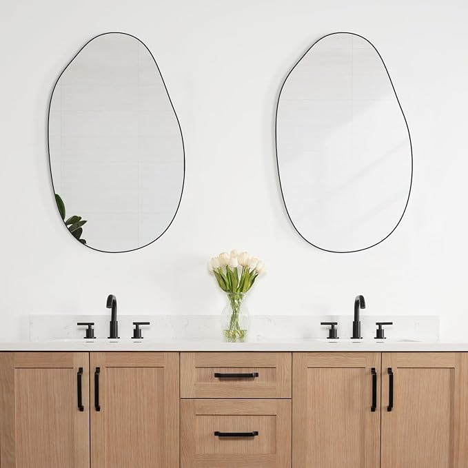 Black Mirror for Bathroom,20.5"x33.5" Wood Framed Vanity Mirror,Irregular Oval Wall Mirror Asymmetrical Aesthetic Mirror for Living Room Bedroom Entryway Horizontal/Vertical