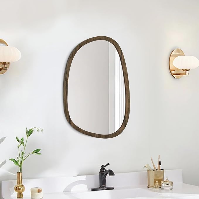 Asymmetrical Oval Mirror for Wall Irregular Wood Frame Modern Mirror Unique Decorative Wall Mirror Vanity Bathroom Living Room Bedroom Entryway Hallway Artistic Mirror Small 14"x10"