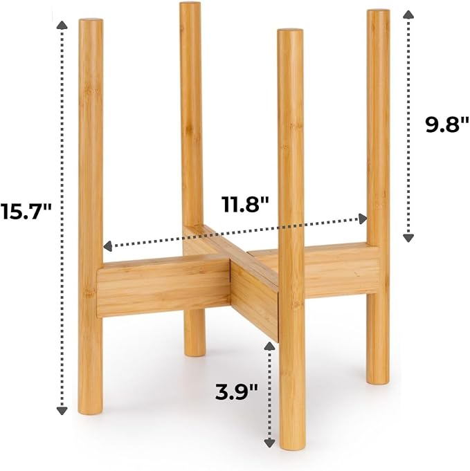Fox & Fern Bamboo Plant Stand — 11.8 Inch Fixed Size Wooden Mid Century Planter Stand for Indoor Planters (Not Included) - Large Flower Pot Holder for Indoor Big Pots - Plug In Design - Bamboo