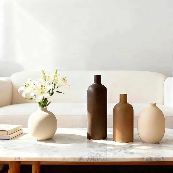 Modern Ceramic Vase Set – 4 Piece Rustic Decorative Vases for Boho Living Room Centerpieces, Entryway Decorations, Coffee Table, Bookshelf, Fireplace Mantel
