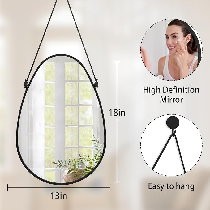 Irregular Wall Teardrop Shaped Hanging Mirror - Oval Wall-Mounted Mirror with Framed Mirror for Home - Bedroom, Bathroom, Living Room, Entryway, Hallway - 18x13 Inches Black